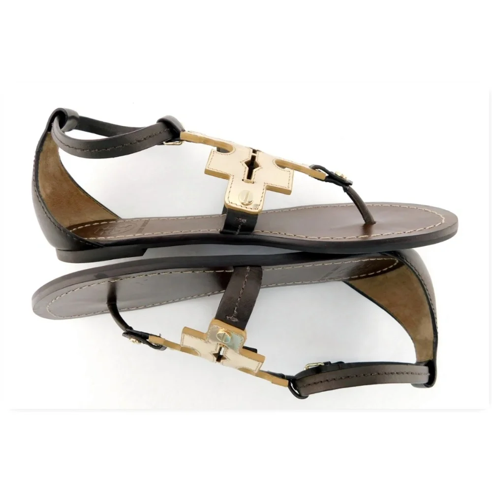TORY BURCH Brown Leather Gold Logo Thong Ankle Strap Sandals 6.5